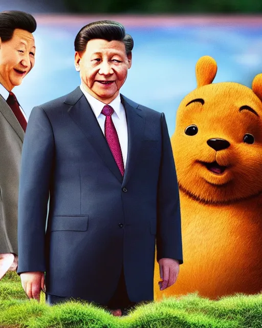 Prompt: movie still of president xi jinping starring as winnie the poo and vladimir putin as rabbit in live action winnie the poo movie, highly detailed, photorealistic