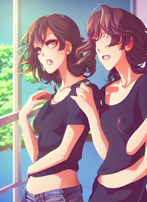 Image similar to two beautiful mature women in a summer home, casual summer clothes, gorgeous faces, thick lines, cinematic lighting, detailed anime art