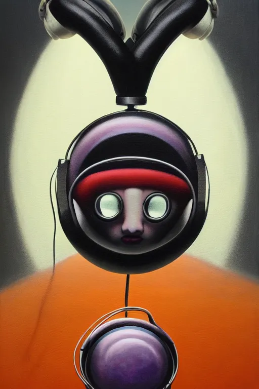 Image similar to hyperrealism surrealism acrylic painting, close - up portrait of bowling ball - with big headphones and a mime sweater, aerosol splashes on paper background, art by jeff soto