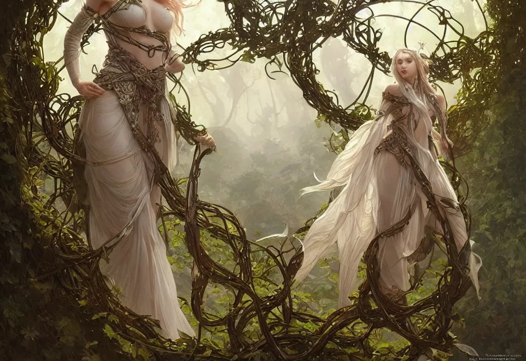 Prompt: a beautiful elven druid, clad in vines, riding a white wyvern, intricate, sharp focus, illustration, highly detailed, digital painting, concept art, matte, art by wlop and artgerm and greg rutkowski and alphonse mucha, masterpiece