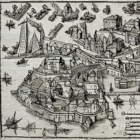 Image similar to medieval town with ports and road, map, technical drawing, intricate detailed schematic, diagram, manuscript