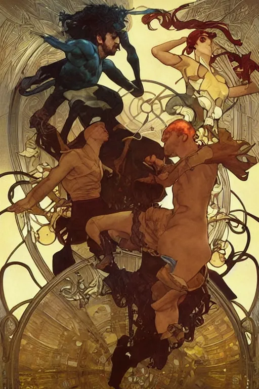 Image similar to the dayman fighting the nightman. art by artgerm and greg rutkowski and alphonse mucha and tomacz alen kopera.