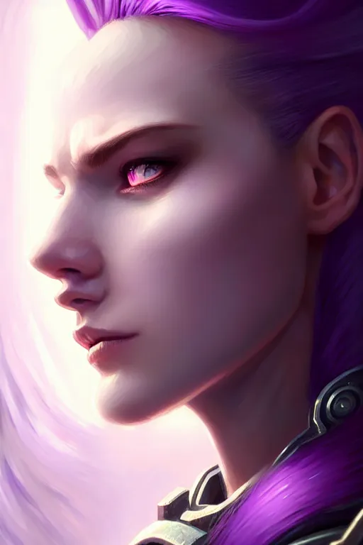 Image similar to alexey gurylev, close up portrait, pale woman in power armor with purple ponytail hair, mysterious, deep focus, d & d, fantasy, complex, elegant, highly detailed, digital painting, artstation, concept art, matte, clear focus, illustration, hearthstone, artgerm art, greg rutkovsky and alphonse mucha