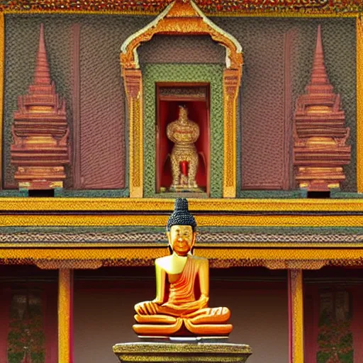 Prompt: a beautifully detailed wide angle oil painting of a sitting thai buddha statue in front of a thai temple with a gorgeous sunrise, trending on artstation