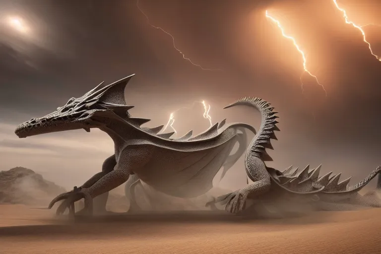 Image similar to sand dragon with lightnings and smoke is fighting against giant wind monster with cyclones, cgsociety, full length, exquisite detail, post - processing, masterpiece, volumetric lighting, cinematic, hypermaximalistic, polarizing filter,, sony a 7 r iv, cinematic, 8 k resolution, beautiful detailed, insanely intricate details, sharp edges, smooth focus, low angle,