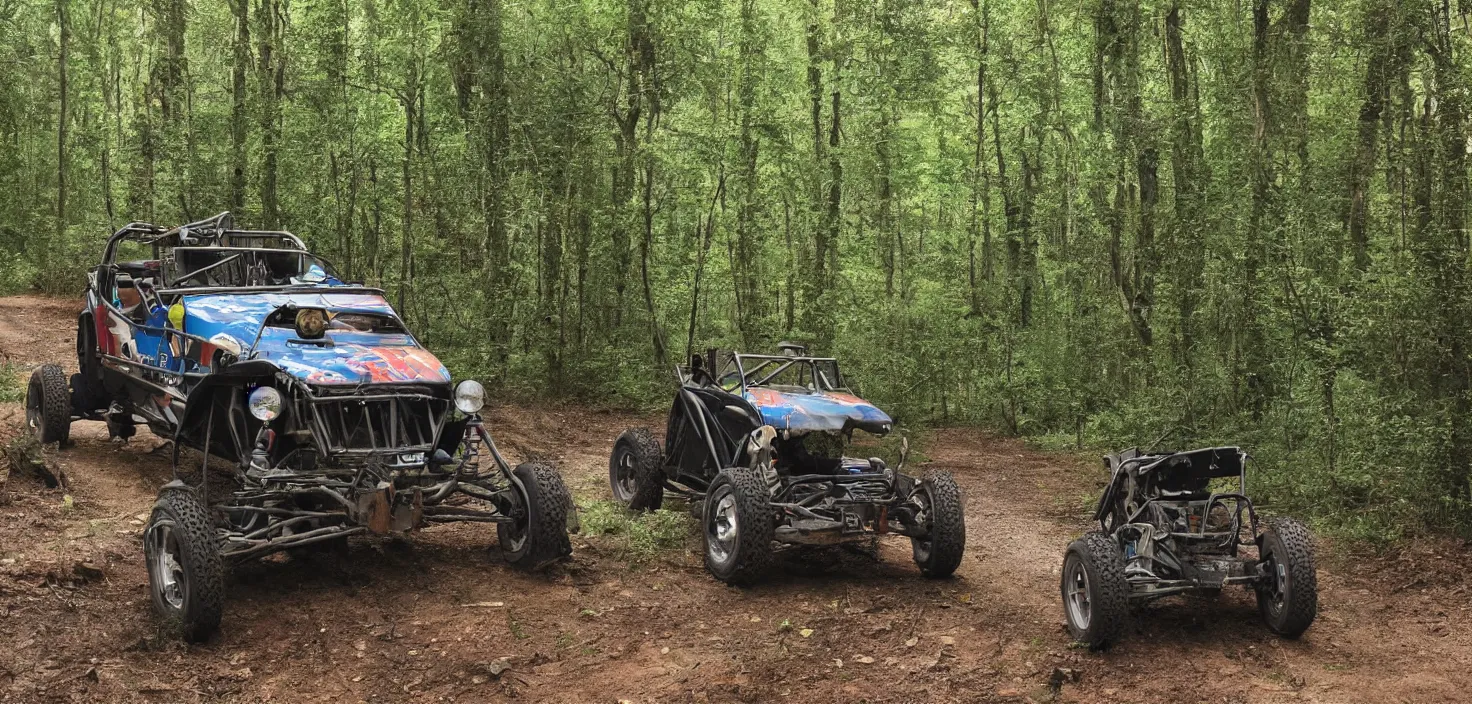 Image similar to off road buggy in the forest, artstatiom, 4 k, incredibly detailed