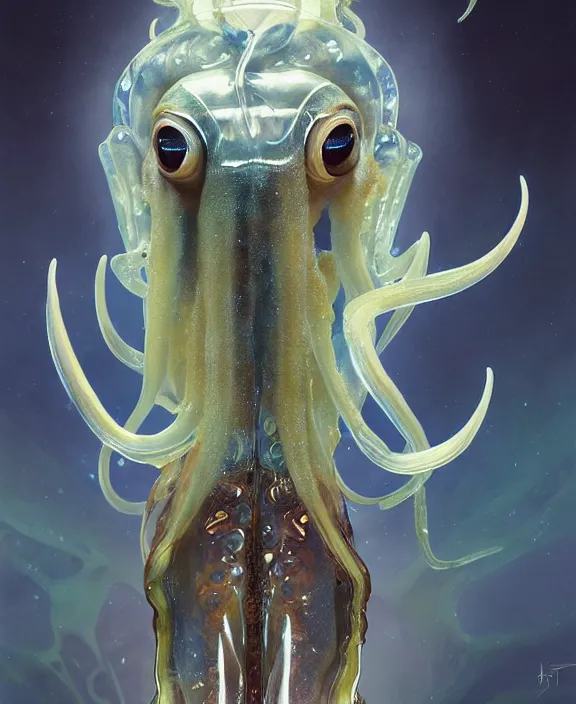 Prompt: intricate transparent portrait of a terrifying beautiful alien cuttlefish, horns, mottled coloring, adorable, childlike, anxiety environment, ultra realistic, concept art, art nouveau, photorealistic, octane render, 8 k, unreal engine. art by christopher marley and artgerm and greg rutkowski and alphonse mucha