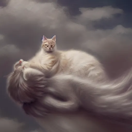 Image similar to cat with angel wings sleeping on a cloud, hyperdetailed, artstation, cgsociety, 8k