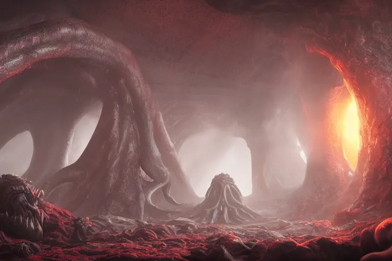 Image similar to a giant lovecraft creature going through a hell portal, dark vives, volumetric mist, intrincate details, trending on artstation