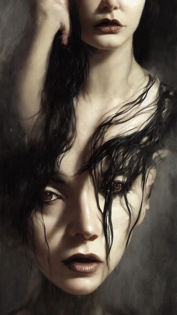 Image similar to face of a beautiful woman with very black hair, intimidating woman, large black eyes, high forehead, smooth pale skin, ethereal skin, ominous, eldritch. oil painting by nuri iyem, james gurney, james jean, greg rutkowski, highly detailed, soft lighting, chiaroscuro