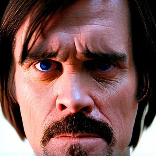 Prompt: Jim Carrey as Anton Chigurh, portrait, cinematic lighting, cinematic, kodak 2383 film