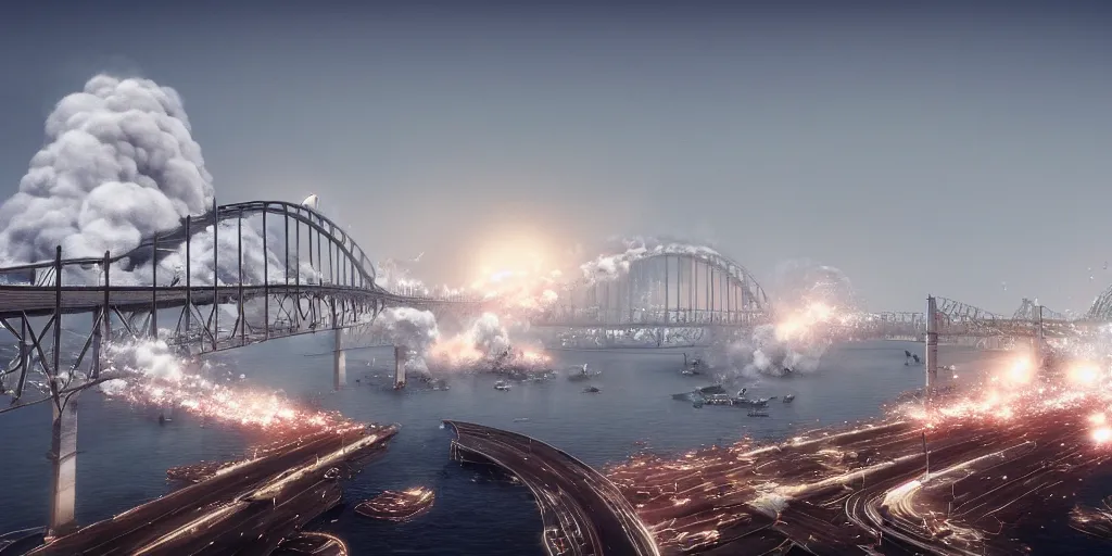 Prompt: explosions in the form of realistic white cotton plants on harbour bridge, huge white cotton everywhere on the destroyed harbour bridge, smooth, sharp focus, highly detailed, 3 d octane render, epic lighting, lots of white cotton, 8 k, by greg rutkowski