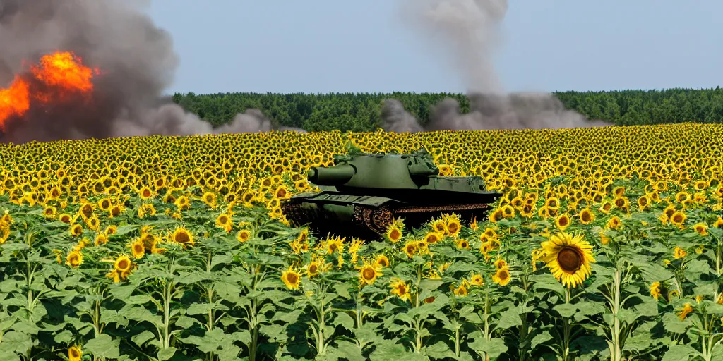 Prompt: russian tank burning in the middle of sunflower field, blue sky