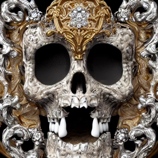 Prompt: a beautiful, ornate and intricate rococo skull with vampire teeth and silver and gold details and diamonds inside a rococo frame, 4k, octane render, vray, unreal engine, photorealistic