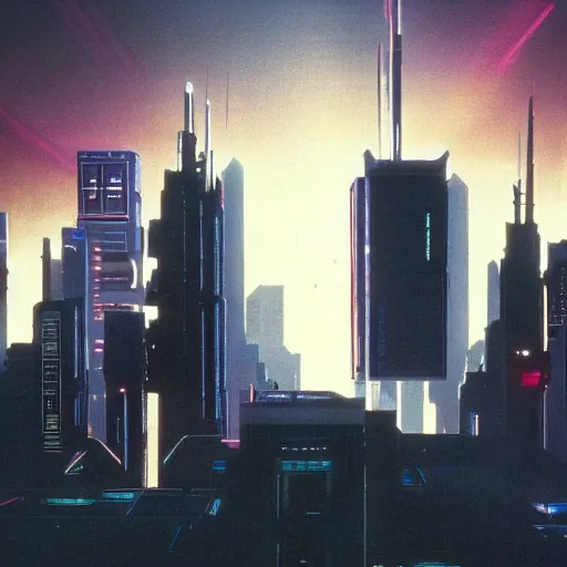 Prompt: 80's cyberpunk skyline, monolithic megastructures, beams of light, in the style of Akira