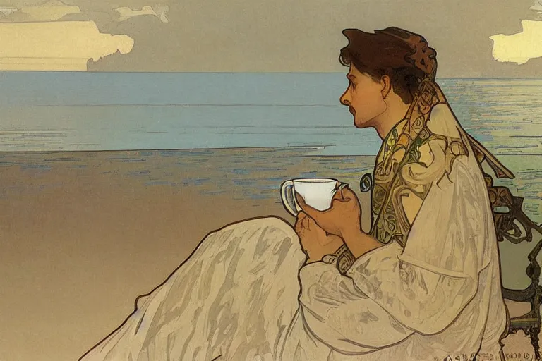 Image similar to a matte painting of a man sitting down and having a cup of tea in his house by the beach, by alphonse mucha, muted colors