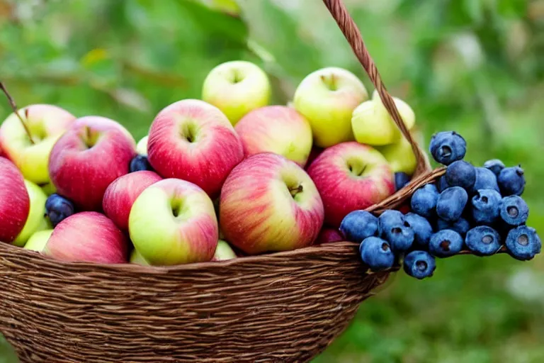 Prompt: a basket of apples, a basket of bananas, a basket of blueberries