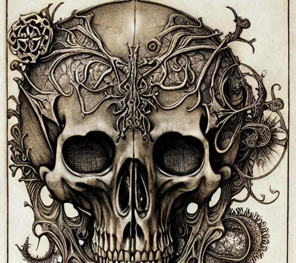 Image similar to memento mori by arthur rackham, art forms of nature by ernst haeckel, exquisitely detailed, art nouveau, gothic, ornately carved beautiful skull dominant, intricately carved antique bone, art nouveau botanicals, ornamental bone carvings, art forms of nature by ernst haeckel, horizontal symmetry, arthur rackham, ernst haeckel, symbolist, visionary