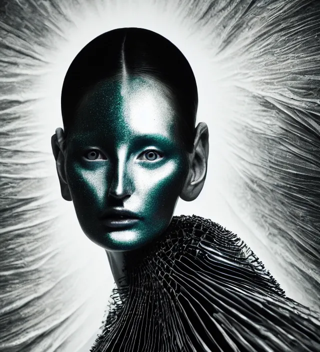 Prompt: photography face portrait of one female fashion model in rainforest, wearing one organic futurist cape designed by iris van herpen,, photography by paolo roversi nick knight, helmut newton, avedon, and araki, sky forest background, natural pose, highly detailed, skin grain detail