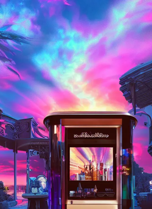 Image similar to iridescent hair salon at sunrise Details to include : * bus * cars * popcorn machine digital art, full shot RPG, official media, beautiful, detailed, high quality, wallpaper 4K, epic, trending on artstation and behance, dynamic lightning ,