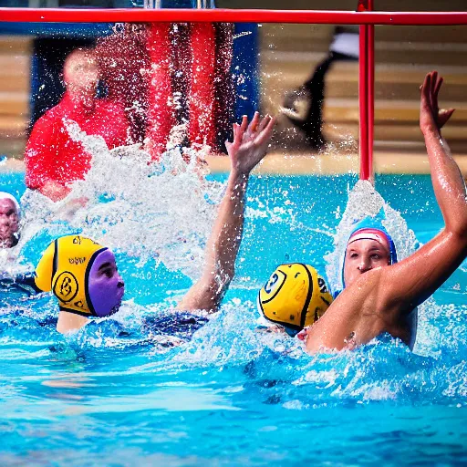 Image similar to hippopotamuses playing water polo against people. sports photograph.