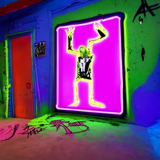 Image similar to die antwoord inside a dark house zef design graffiti, neon uv lighting