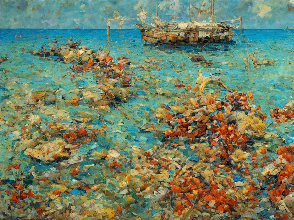 Prompt: sea and corals, denis sarazhin, oil on canvas