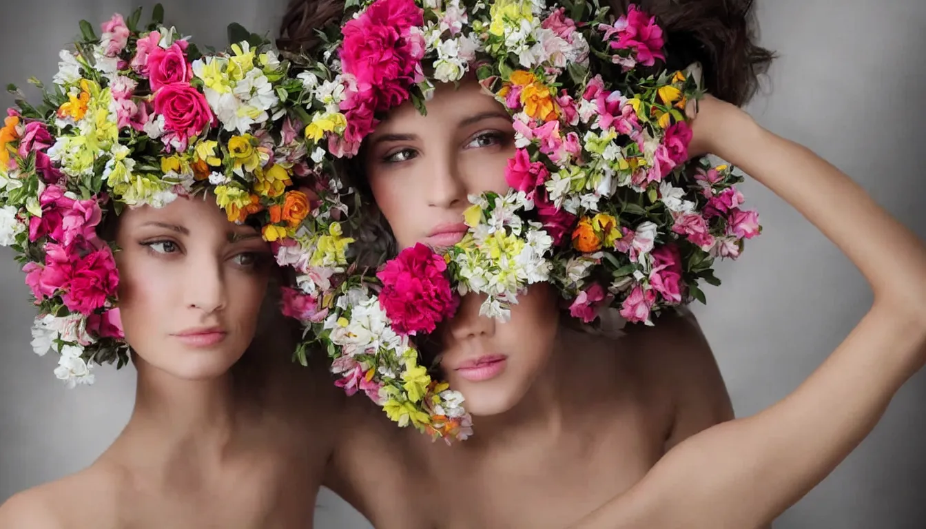 Prompt: beautiful woman with a head made from a bouquet of flowers