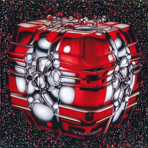 Prompt: chrome spheres on a red cube by ayami kojima