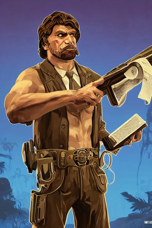 Image similar to saint homo neanderthalis, with book of science, on his right hand, and riffle, on his left hand, violet polsangi pop art, gta chinatown wars art style, bioshock infinite art style, incrinate, realistic anatomy, hyperrealistic, two colors, white frame, 4 k, uhd, remove duplicate content