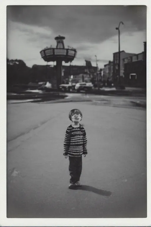 Image similar to photo polaroid of sad and lonely child in the middle of the street, in front of him a funfair, loneliness, war, black and white ,photorealistic, 35mm film,