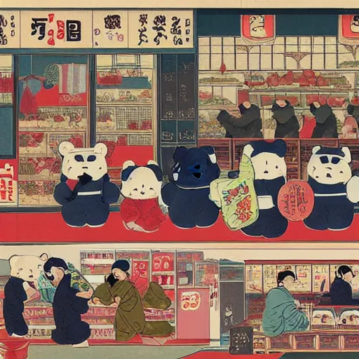 Prompt: Teddy bears shopping for groceries in the style of ukiyo-e