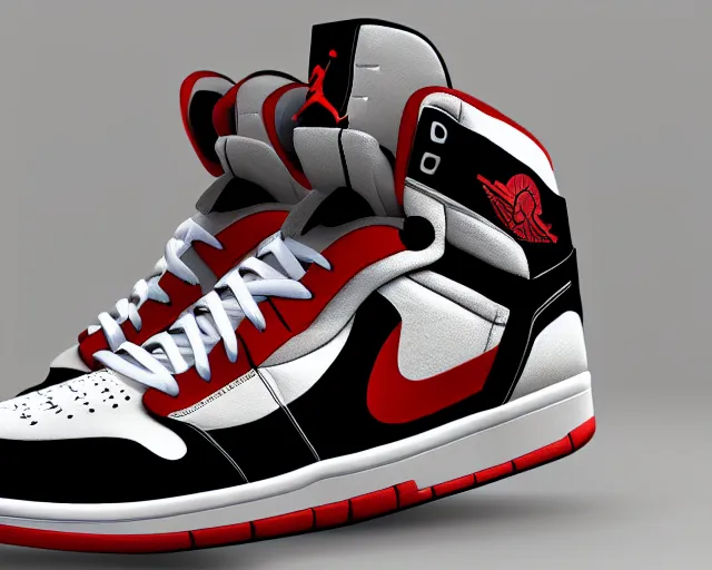 Image similar to 3D render of mid height air jordan sneakers the joker design, cinematic, studio lighting, award winning, highly detailed