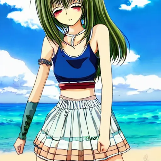 Prompt: beautiful anime manga girl wearing croptop and skirt happy face. she is at the beach. trending on artsystion. drawn by eiichiro oda.