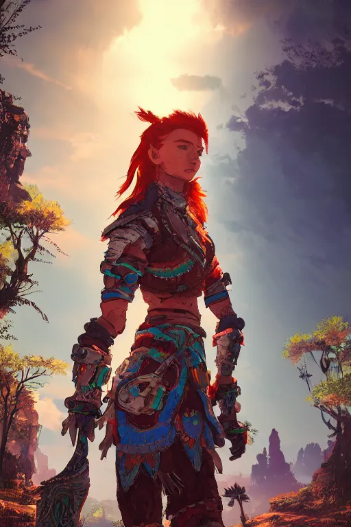 Image similar to combination suit armor aloy horizon forbidden west horizon zero dawn radiating a glowing aura global illumination ray tracing hdr fanart arstation by ian pesty and alena aenami artworks in 4 k tribal robot ninja mask helmet backpack