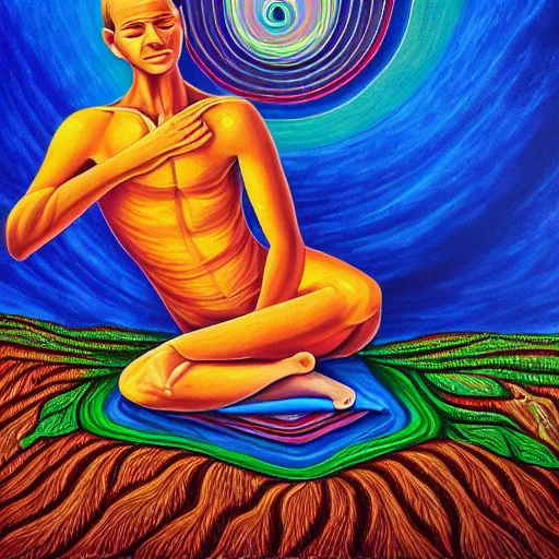 Image similar to painting of a peaceful man relaxing under a tree by alex grey, acrylic art, calm, soothing, cosy, elegant, soft light, psychedelic