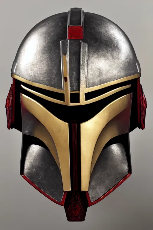 Prompt: an artistic and realistic 8k sculpture of a mandalorian helmet, bright psychedelic color, dramatic lighting, silver gold red details, filigree, intricate details, cinematic, elegant, micro detail, octane render, filmic, interesting camera angle, 8k post-processing, intricate art by John Collier and Krenz Cushart and Alphonse Mucha and Greg Rutkowski