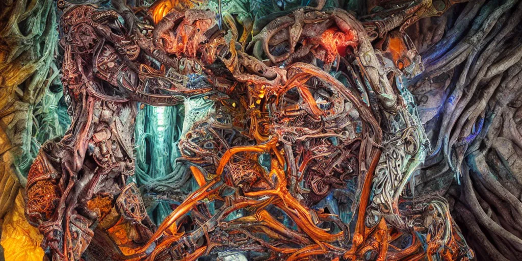 Image similar to dreamscape, giger, vivid colors, colorful, anatomical, highly detailed sculpture, intricate detailed, ommatidia, 8 k, cinematic atmosphere, post - processing