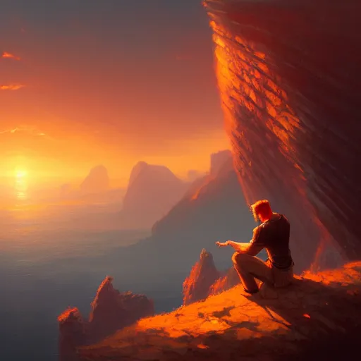 Image similar to a man sitting on a cliff watching the sun explode, painting, digital art, harsh lighting, 4 k hd wallpaper, trending on art station, art by greg rutkowski and andreas rocha 4 k