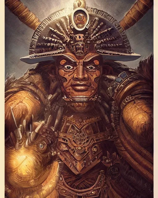 Prompt: digital painting of a gigantic aztec nagual by filipe pagliuso and justin gerard, symmetric, fantasy, detailed, intricate, portrait, sharp focus, tarot card, handsome, gwent