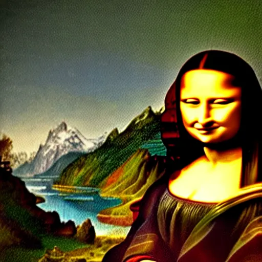 Image similar to A girl that looks like the mona lisa with beautiful switzerland landscape in the background