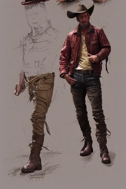 Prompt: character design, portrait of a gaunt 40's adventurer, unshaven, optimistic, stained dirty clothing, straw hat, riding boots, red t-shirt, dusty rown bomber leather jacket, concept art, photorealistic, hyperdetailed, 3d rendering! , art by Leyendecker! and frazetta,