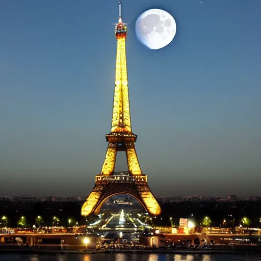 Prompt: Eiffel tower photography, cheese, moon, (((((((Night))))))) (day) time