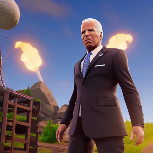 Image similar to screenshot of Joe Biden in fortnite, high quality, 3d render, octane render, highly detailed, pose