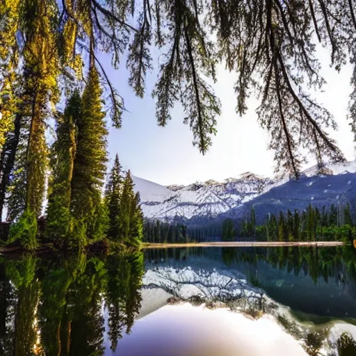 Prompt: a lovely forest, on an island in the middle of a magnificent lake with a mirror reflection of the forest, snow capped mountains in the backdrop, wide angle, high definition.