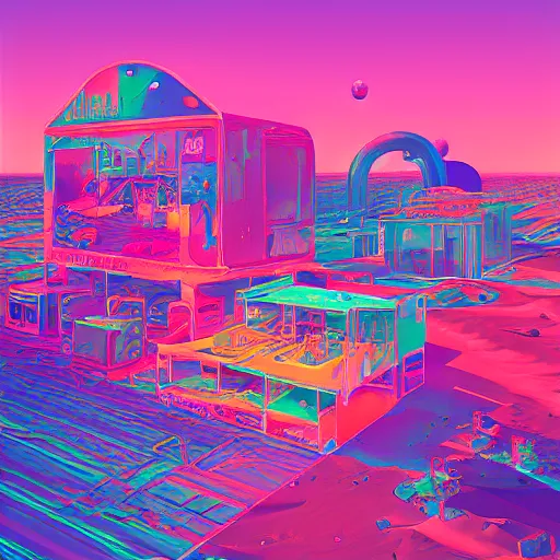 Image similar to desert town of forgotten objects by Beeple, Lisa Frank, Kidmograph and Stephen Shore, digital art, beautiful holography cover design