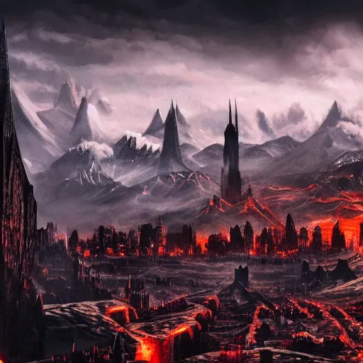 Image similar to mordor as a city, highly detailed, sharp focus, skyline, vast, gothic, lord of the rings, mount doom, 4 k, fantasy