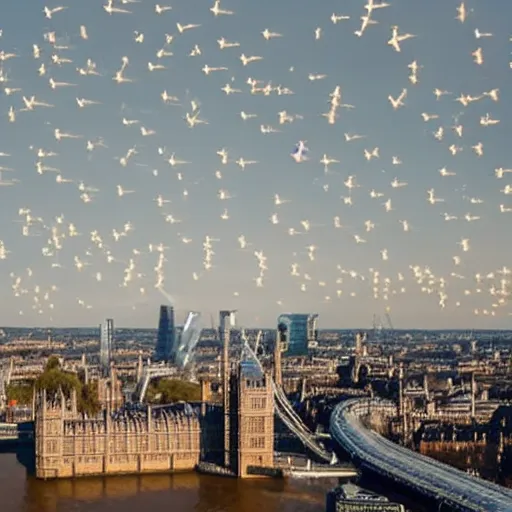 Prompt: a swarm of ufos flying over london