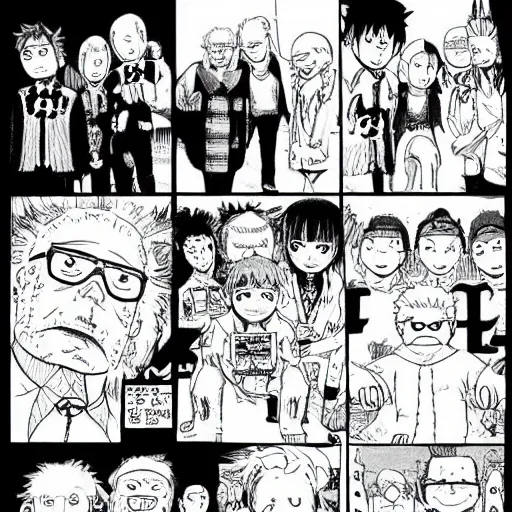 Image similar to “bad grandpa” graphic novel illustrated by Kishimoto published on Shonen Jump 2017 black and white pen and ink highly detailed
