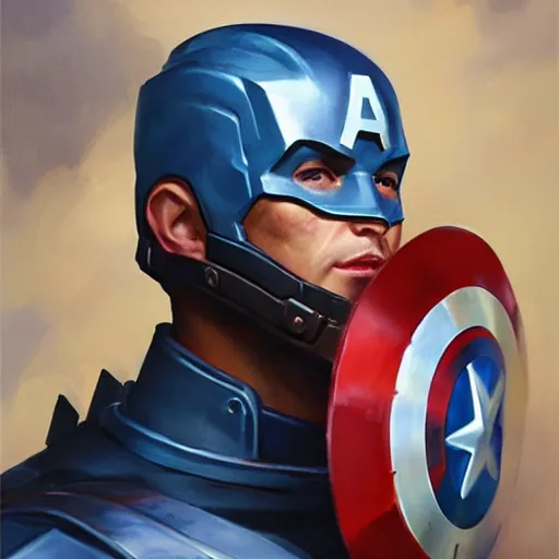 Image similar to greg manchess portrait painting of heavily armored captain america as overwatch character, totally whack, medium shot, asymmetrical, profile picture, organic painting, sunny day, matte painting, bold shapes, hard edges, street art, trending on artstation, by huang guangjian and gil elvgren and sachin teng